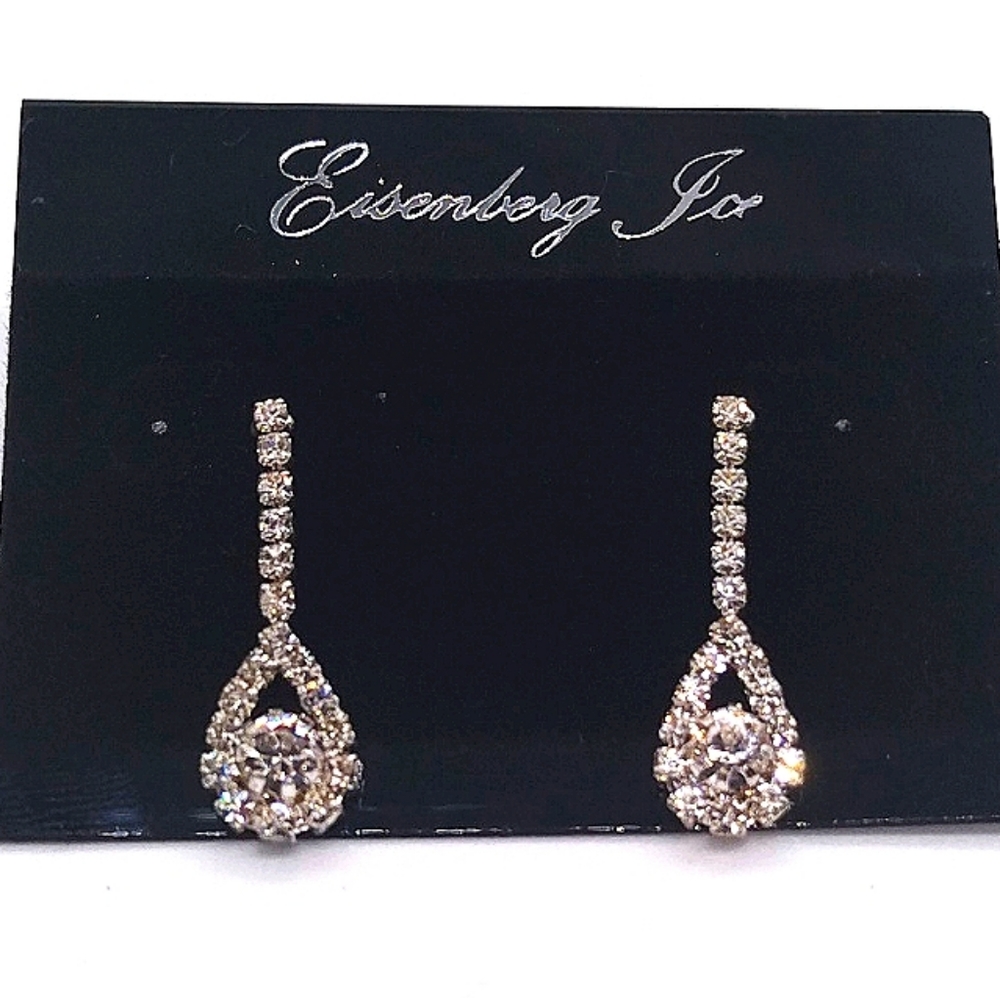Vintage Eisenberg Ice 1" Pave Crystal Dangle Drop Earrings in Silver - Picture 2 of 6